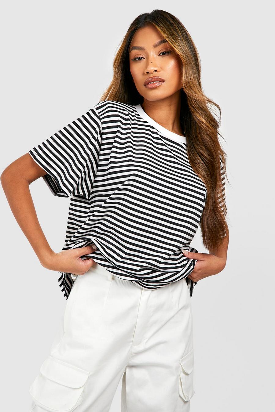 Black svart Stripe Shoulder Pad T-shirt