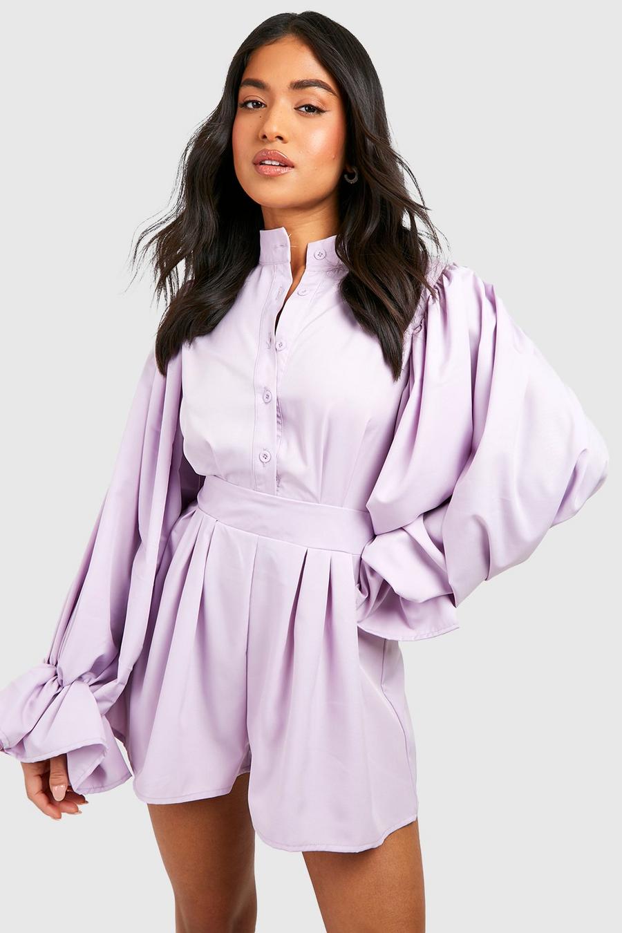 Lilac Petite Puff Sleeve Tailored Romper image number 1