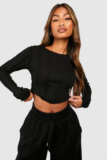 Exposed Seam Ribbed Long Sleeve Crop Top black