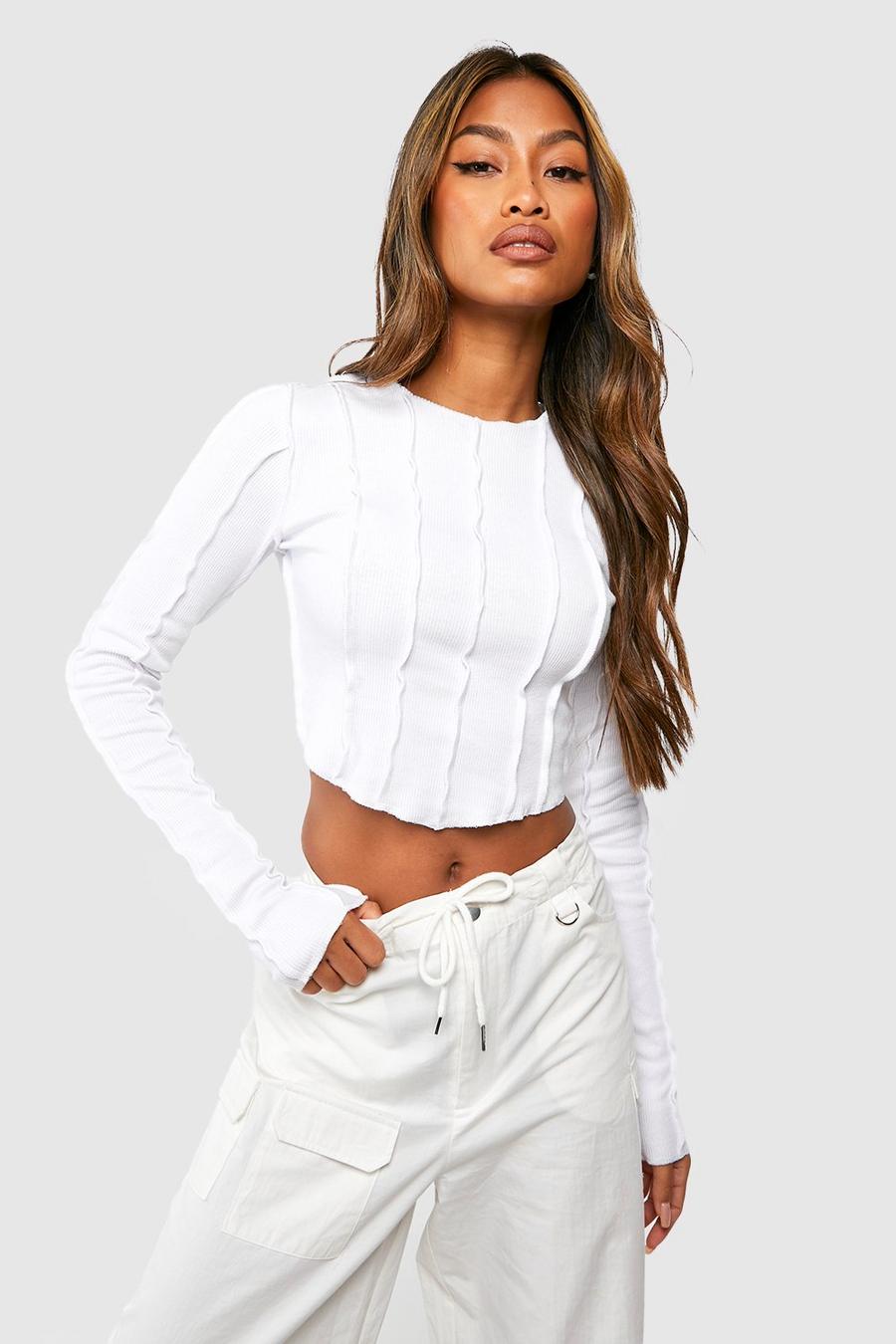 White Exposed Seam Ribbed Long Sleeve Crop Top image number 1