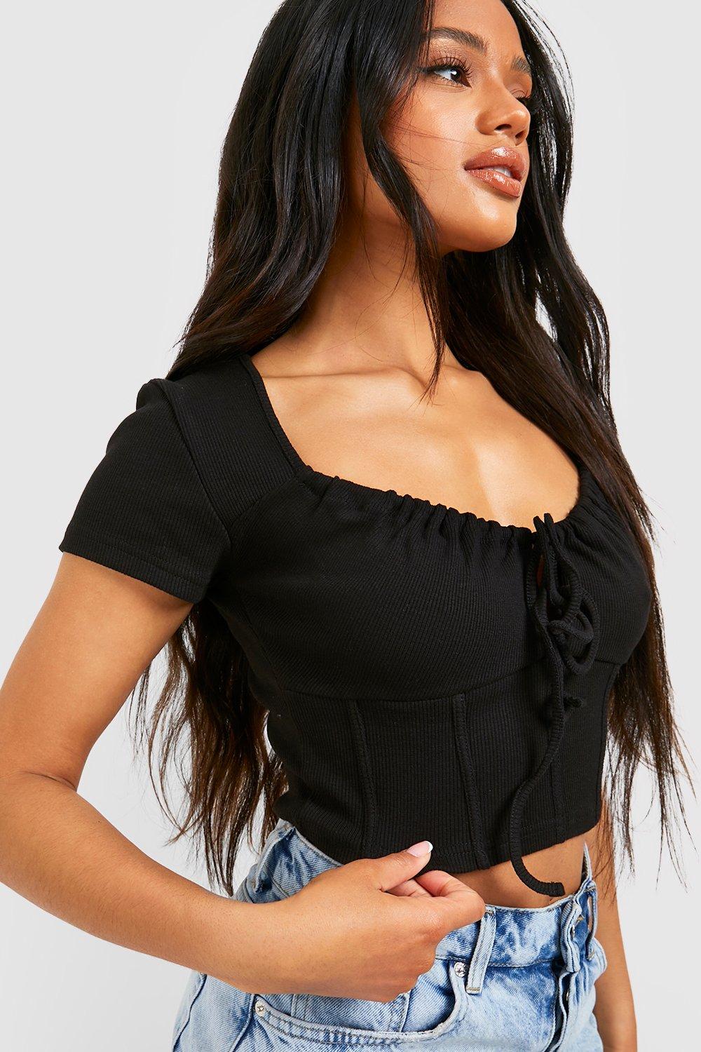 Rib Corset Detail Tie Front Crop Top