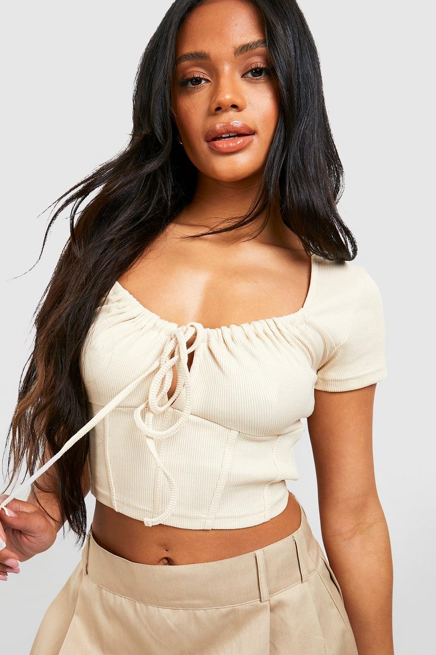 Stone Rib Corset Detail Tie Front Crop Top image number 1