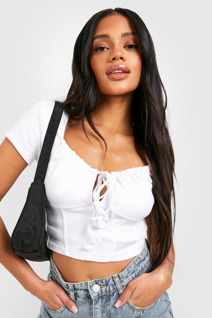 White Rib Corset Detail Tie Front Crop Top image number 1