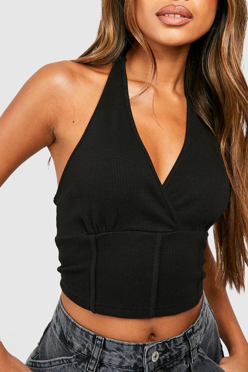 Black Halter Neck Ribbed Corset Top