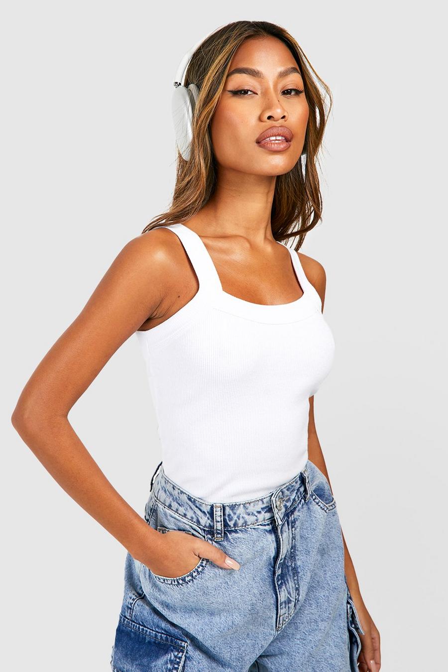 White Rib Thick Binding Curved Strap Tank Top image number 1