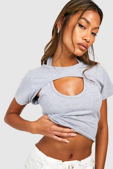 Grey Layered Halter Neck Crop T-shirt