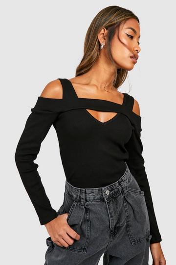 Cut Out Cold Shoulder Ribbed Top black