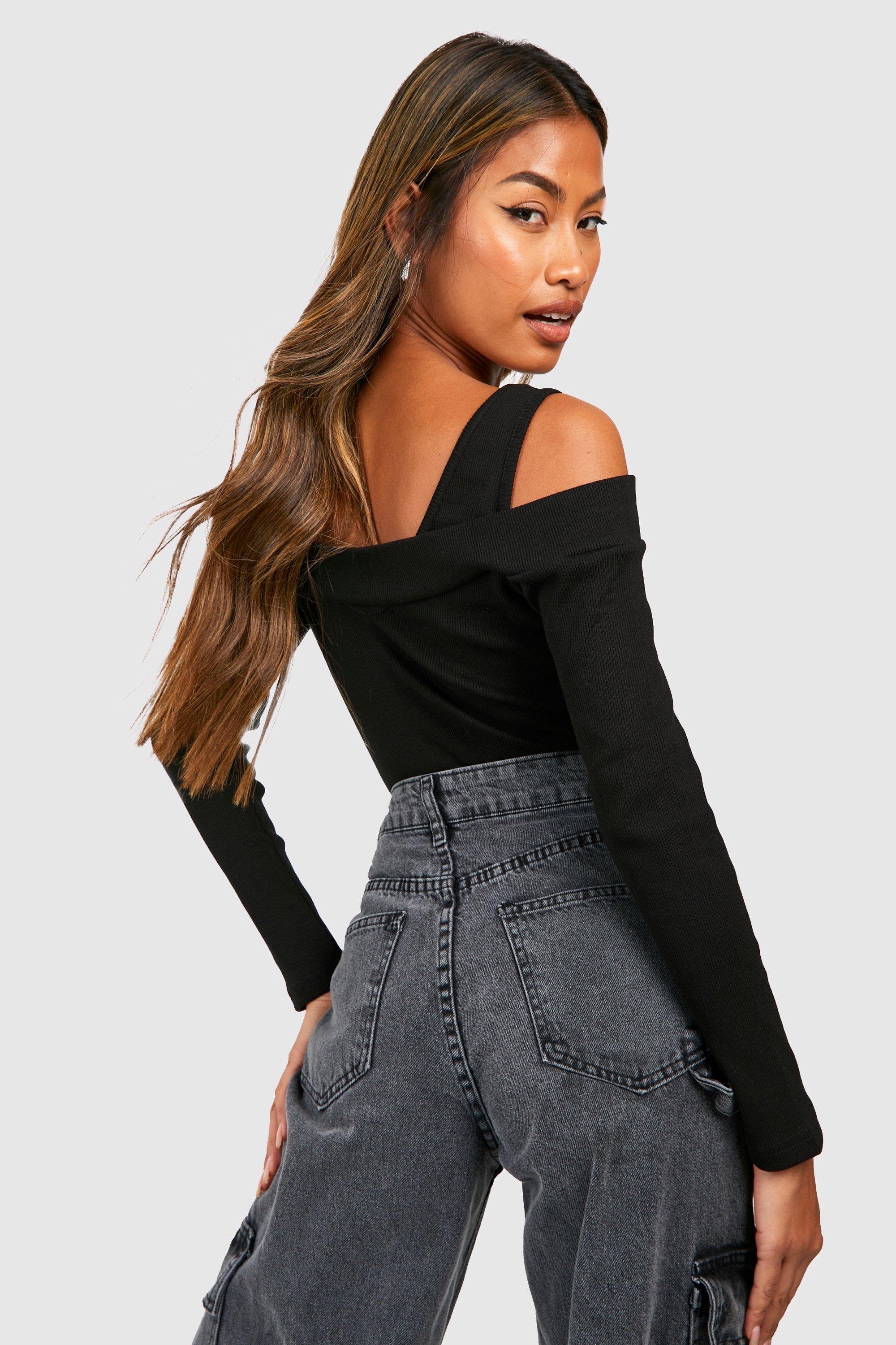 Black Contour Rib Cold Shoulder Crop Top