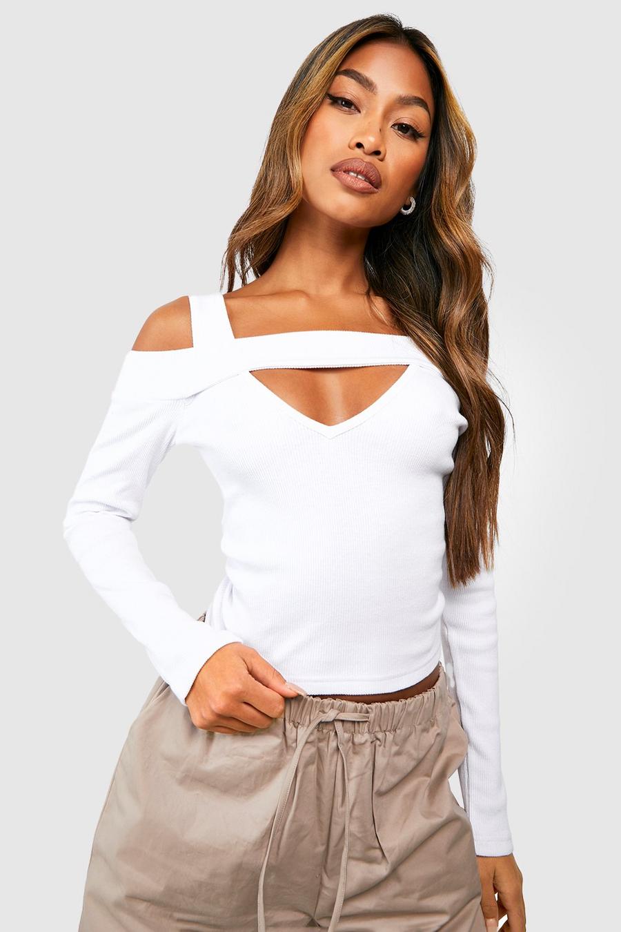 White Cut Out Cold Shoulder Ribbed Top image number 1