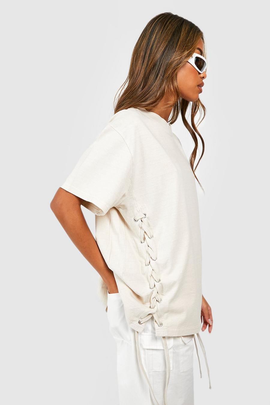 Stone beis Washed Lace Up T-shirt