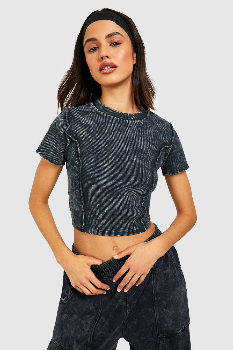 Charcoal Gebleekt Geribbeld Kort T-Shirt Met Naaddetail image number 1