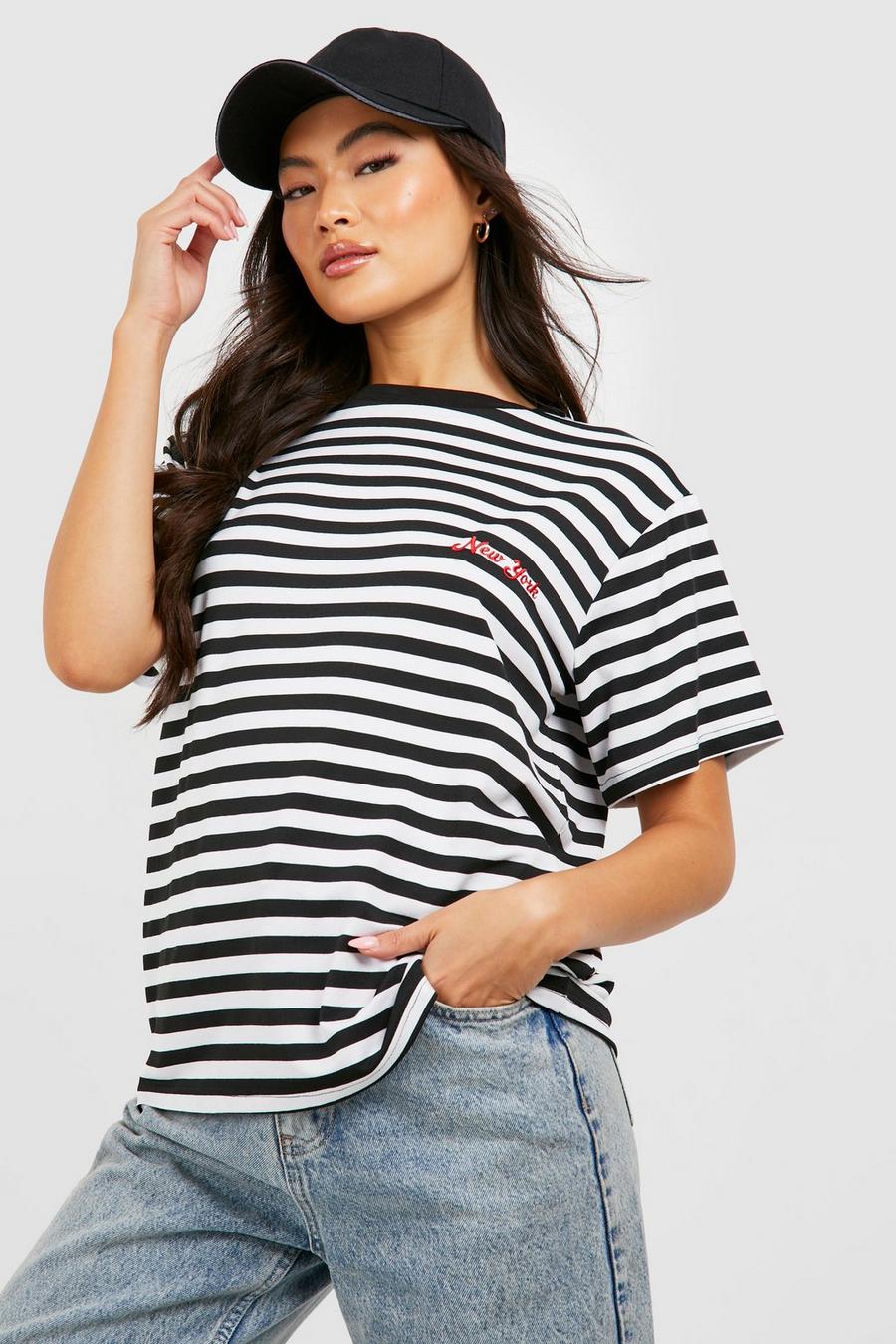 Women's New York Embroidered Stripe T-shirt | Boohoo UK