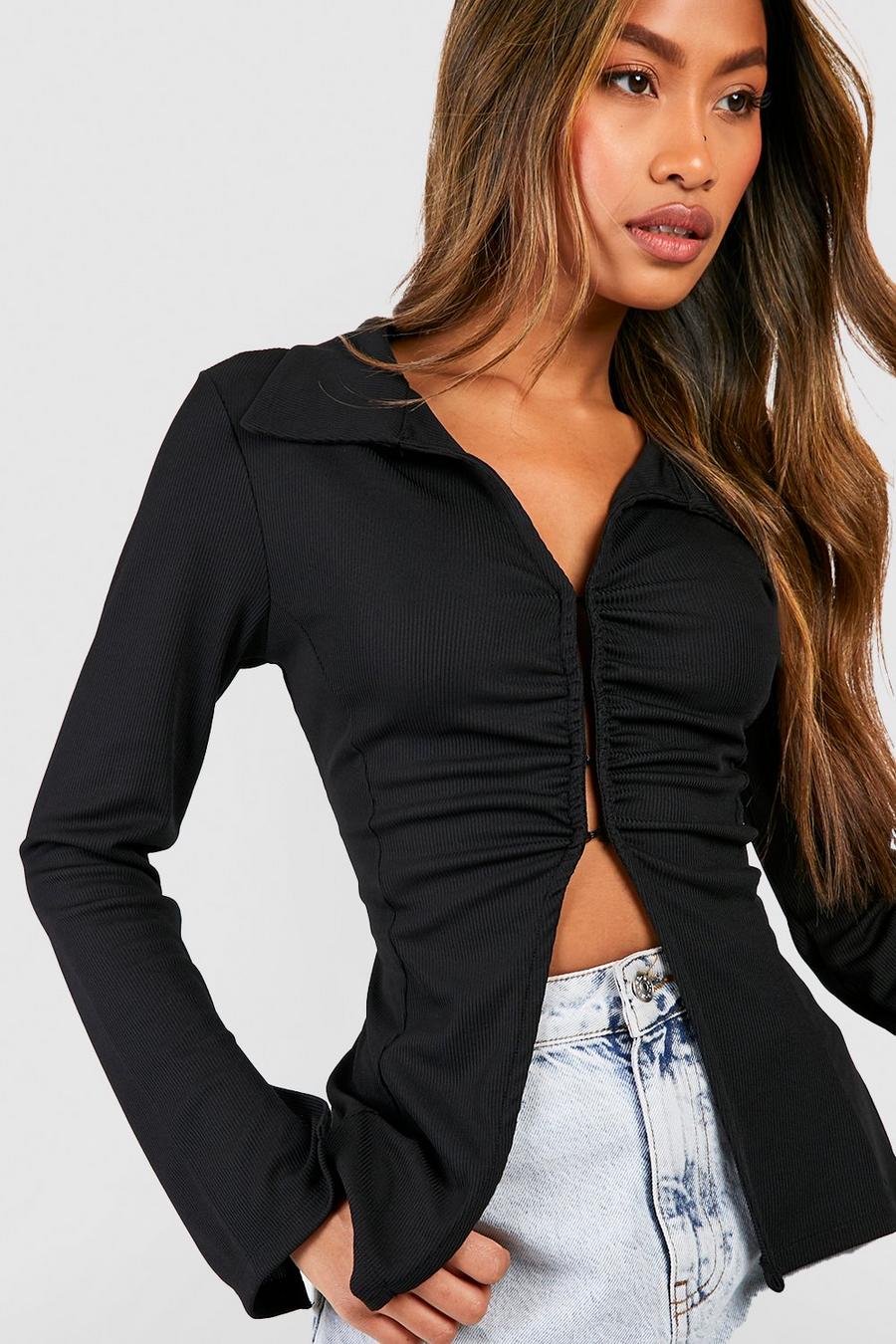 Black Hook And Eye Ribbed Open Shirt image number 1