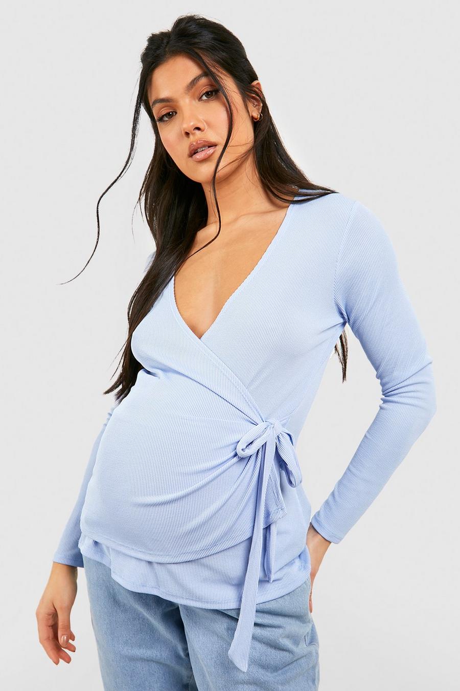 Light blue bleu Maternity Rib Wrap Nursing Top