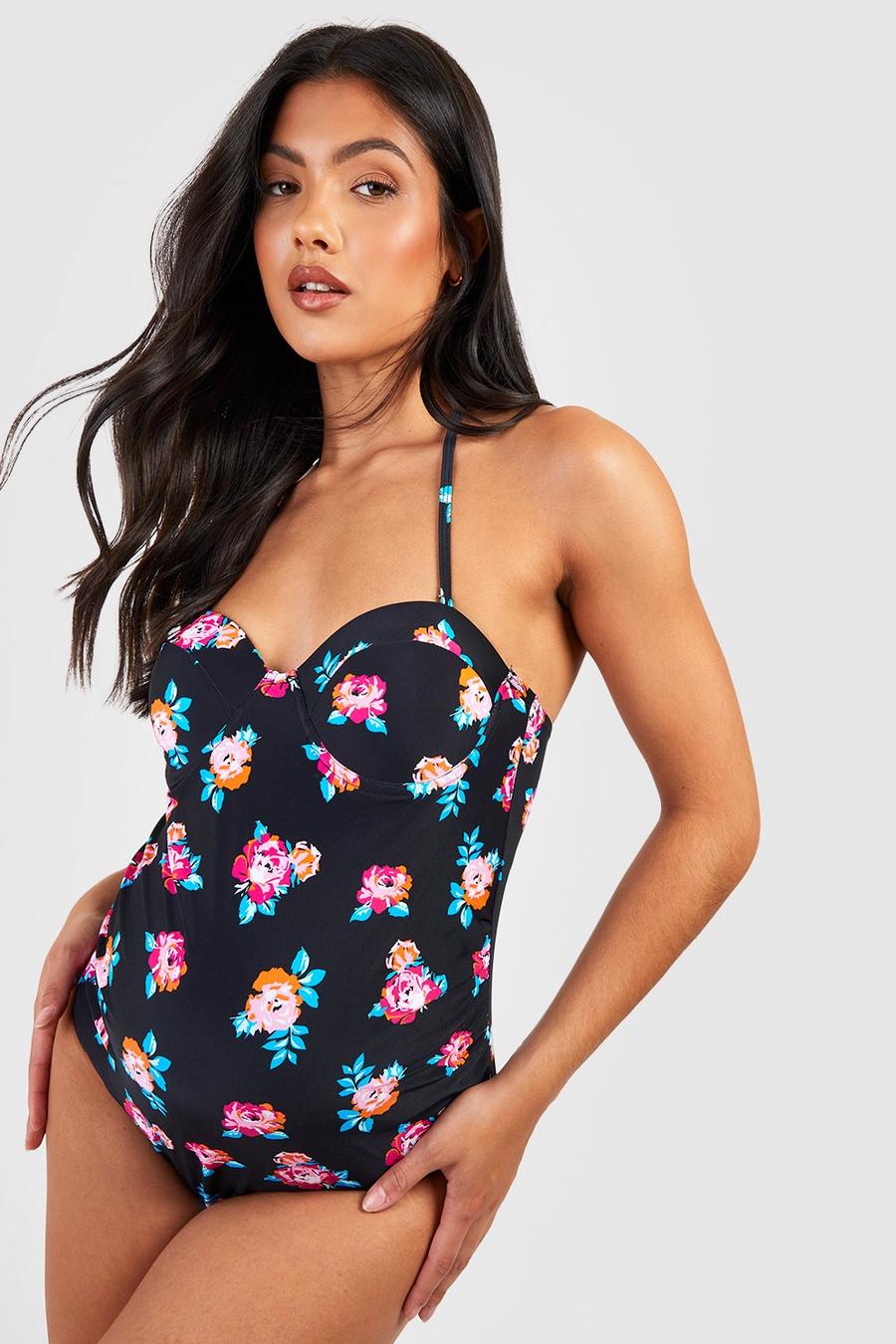 Maternity Floral Strap Swimsuit, Black negro