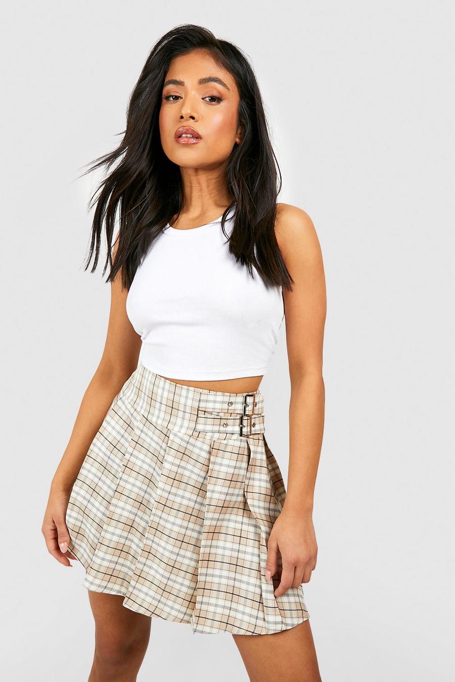 Stone Petite Buckle Detail Woven Flannel Kilt Mini Skirt image number 1
