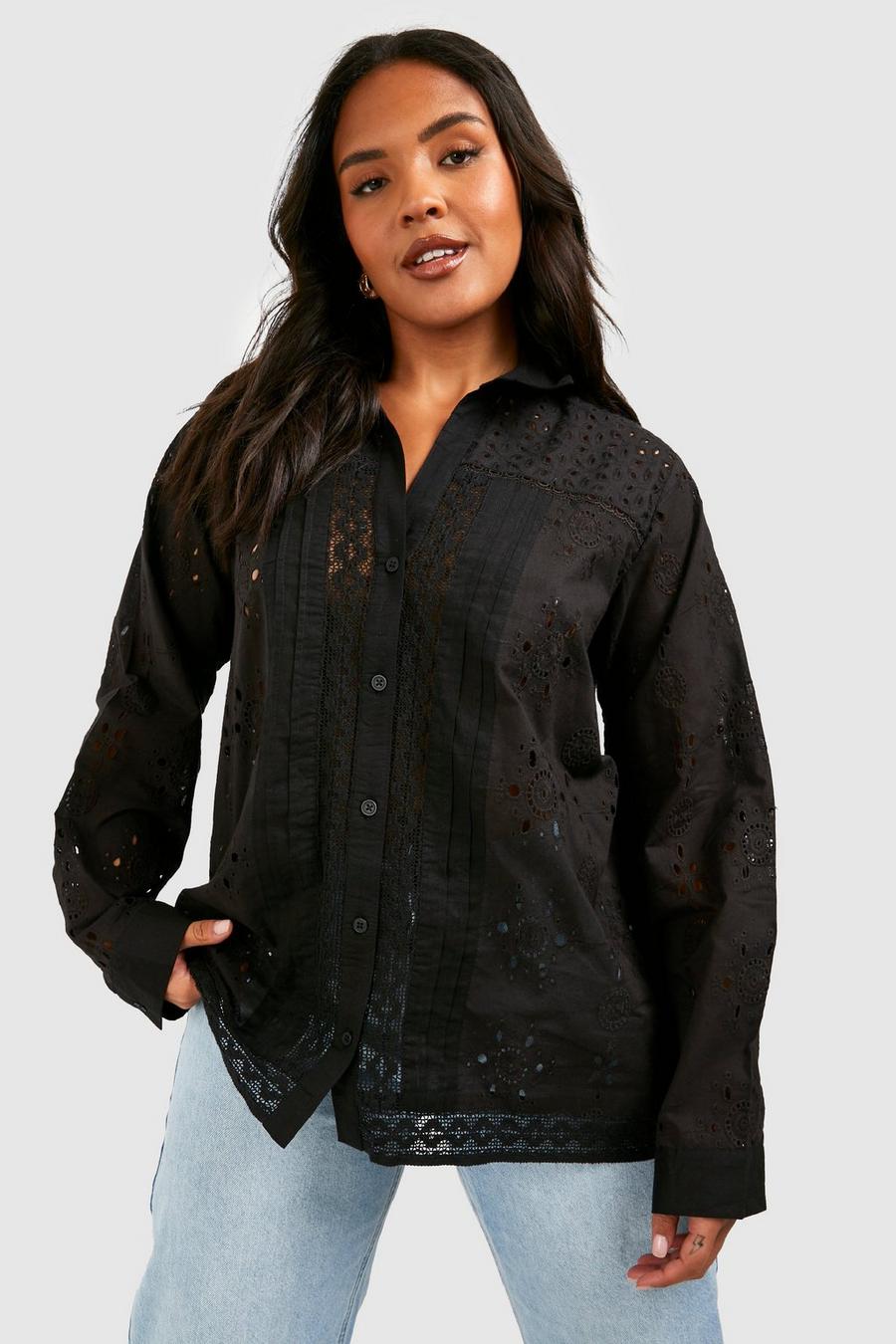 Black Plus Mixed Broderie Oversized Shirt image number 1
