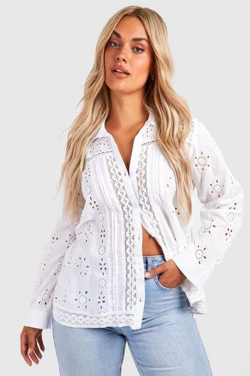 White Plus Mixed Eyelet Oversized Shirt