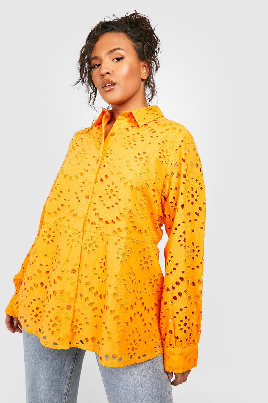 Camisa Plus holgada de bordado inglés, Orange image number 1