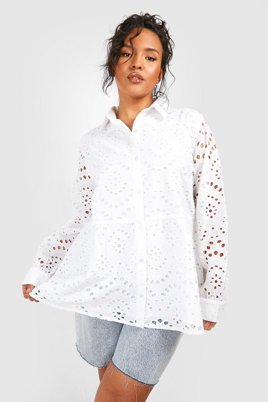 Camisa Plus holgada de bordado inglés, White image number 1