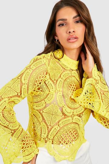 Lemon Yellow Turtle Neck Crochet Lace Crop Top