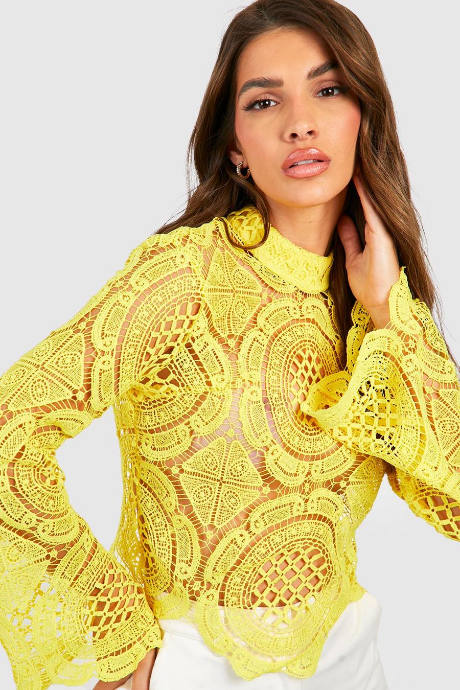 Lemon yellow Turtle Neck Crochet Lace Crop Top