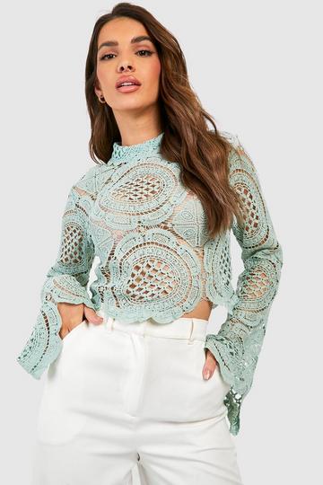Turtle Neck Crochet Lace Crop Top mint