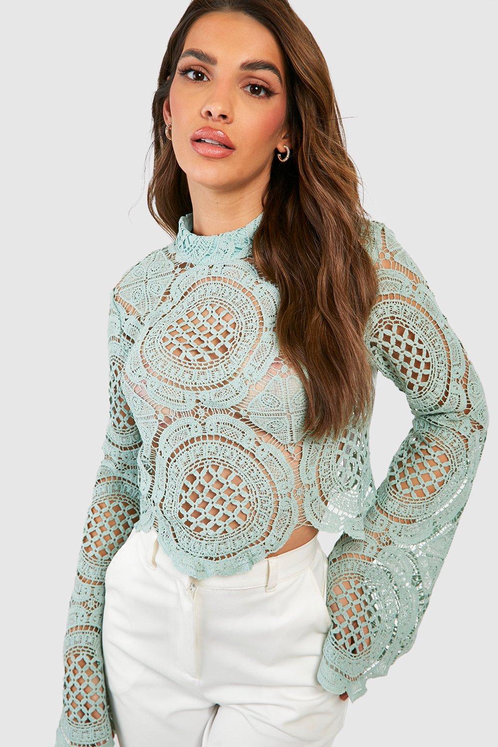 Women's Nude Turtle Neck Crochet Lace Crop Top