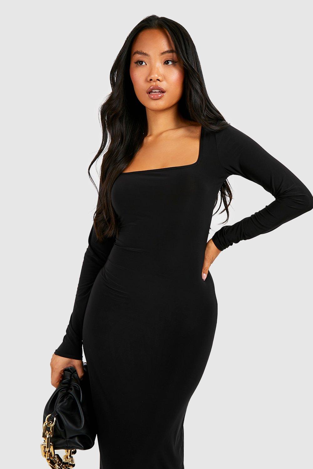 Petite Long Sleeve Square Neck Slinky Maxi Dress boohoo