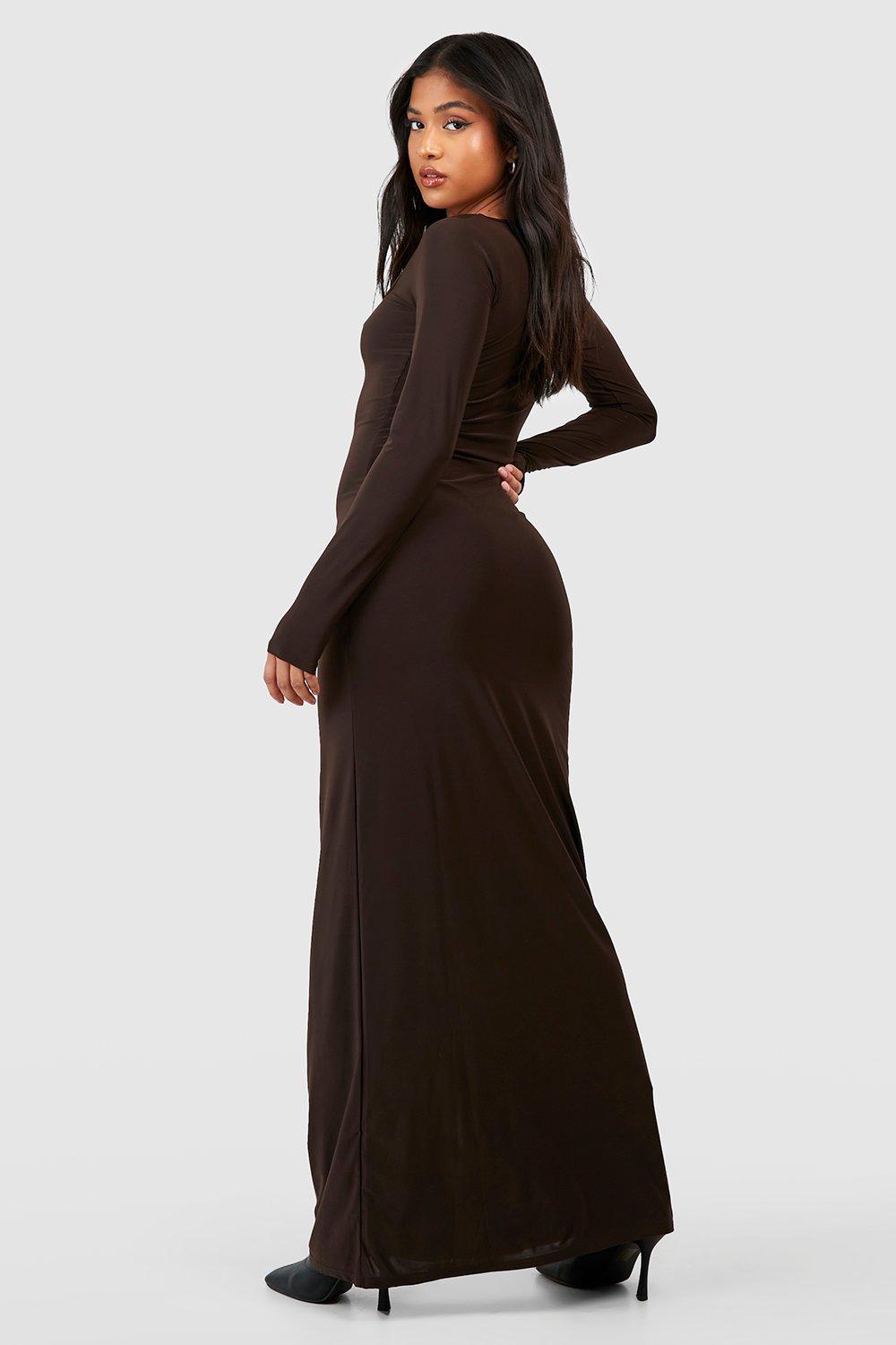 Petite Long Sleeve Square Neck Slinky Maxi Dress