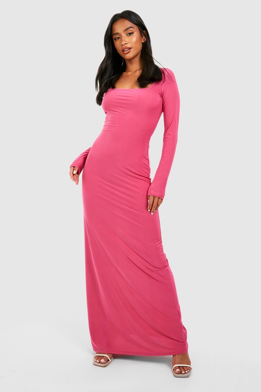 Hot pink rosa Petite Long Sleeve Square Neck Slinky Maxi Dress