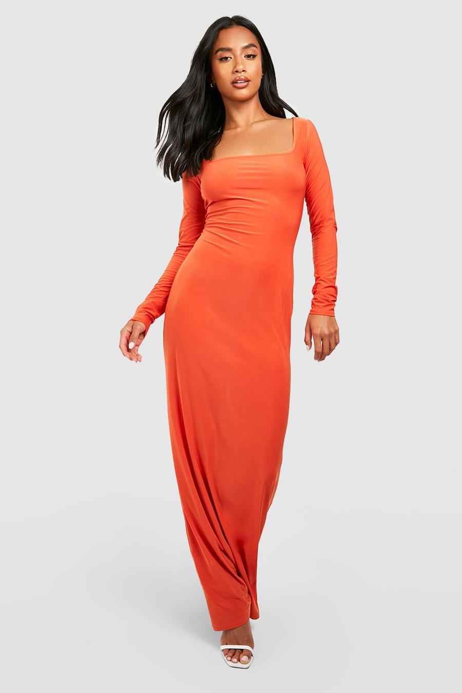 Orange Petite Long Sleeve Square Neck Slinky Maxi Dress image number 1