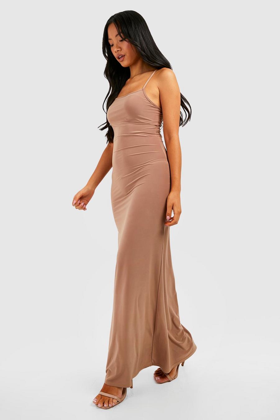 Camel Petite Strappy Square Neck Slinky Maxi Dress image number 1