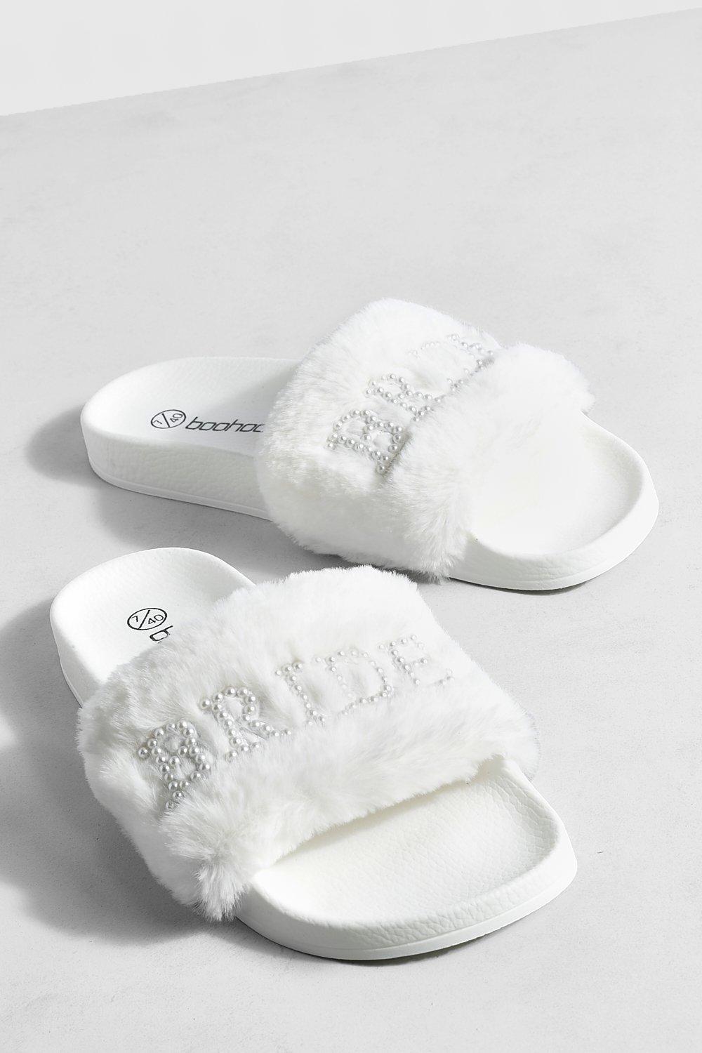 Bridal Fluffy Pearl Embroidered Sliders boohoo