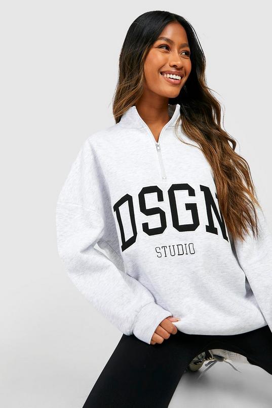 boohoo Ash Grey Dsgn Studio Half Zip Applique Oversized Sweatshirt Sale