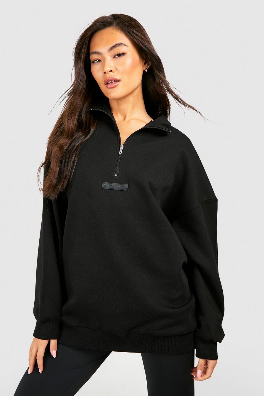 Oversize Sweatshirt mit Logo und halbem Reißverschluss, Black image number 1
