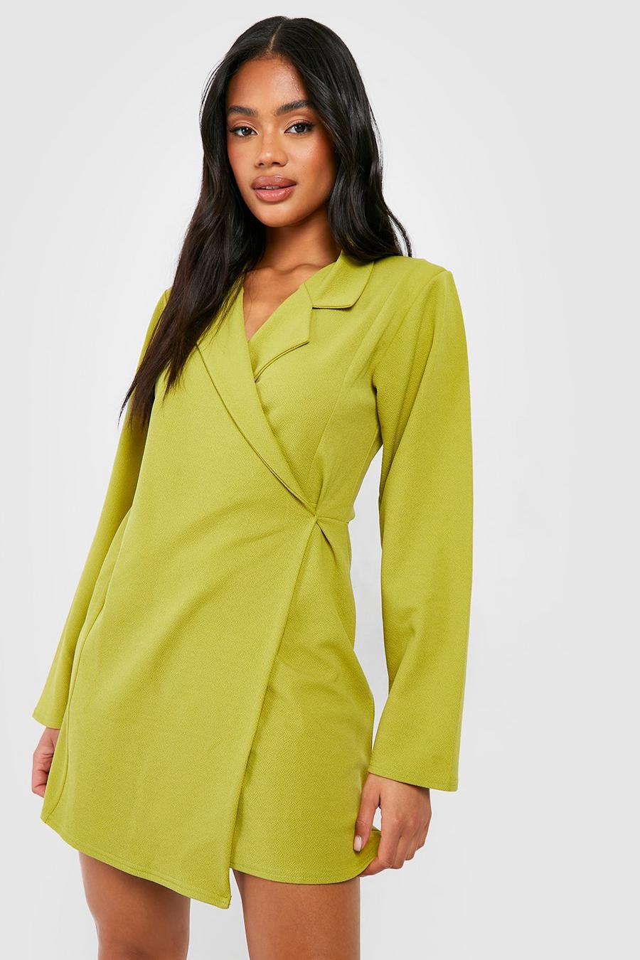 Olive Jersey Crepe Long Sleeve Wrap Front Blazer Dress