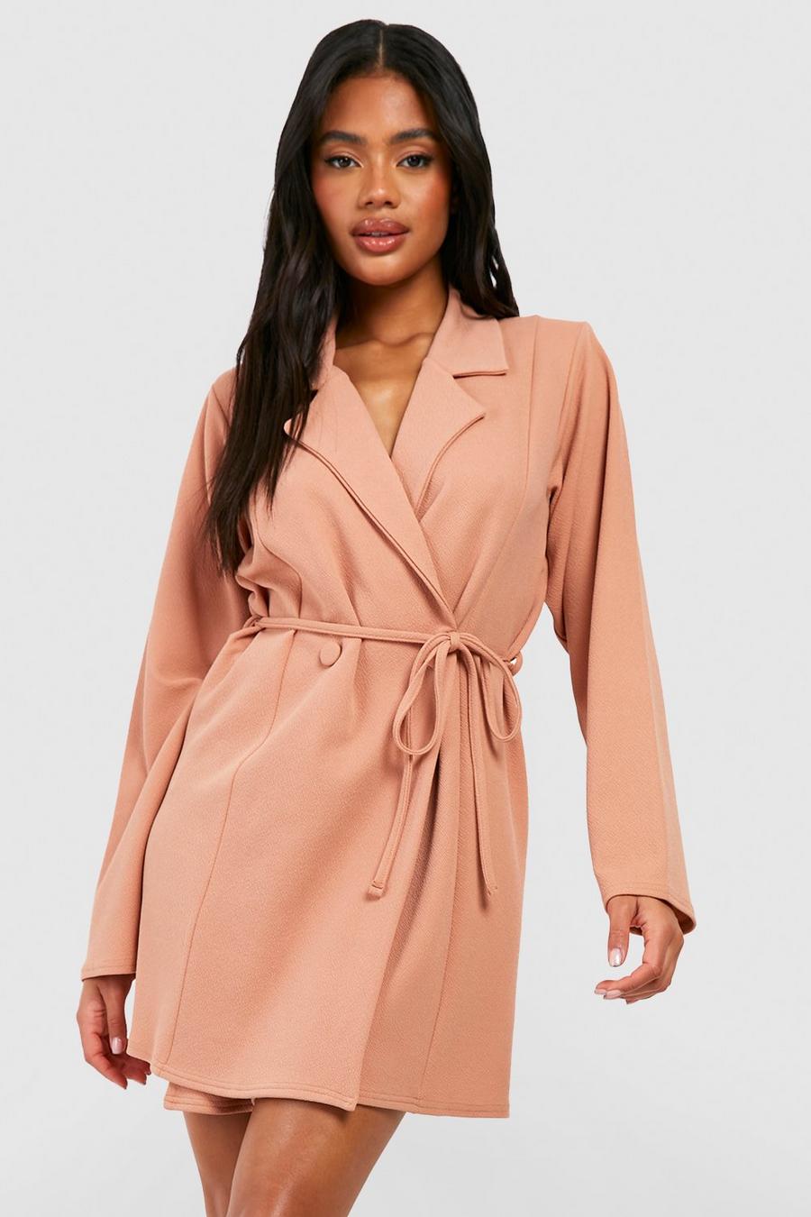Camel Jersey Crepe Tie Waist Relaxed Fit Blazer Dress image number 1