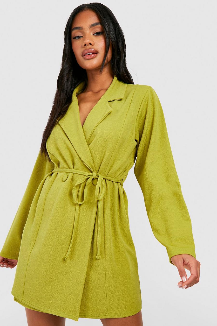 Olive green Jersey Knit Crepe Tie Waist Relaxed Fit Blazer Dress