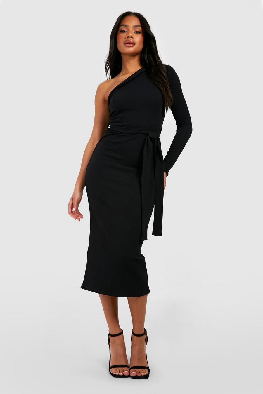 Black Jersey Crepe One Shoulder Belted Midi Dress image number 1