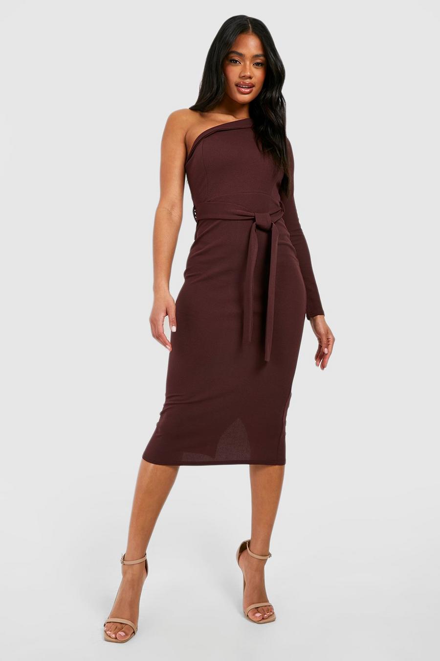 Chocolate brown Jersey Crepe One Shoulder Belted Midi Dress