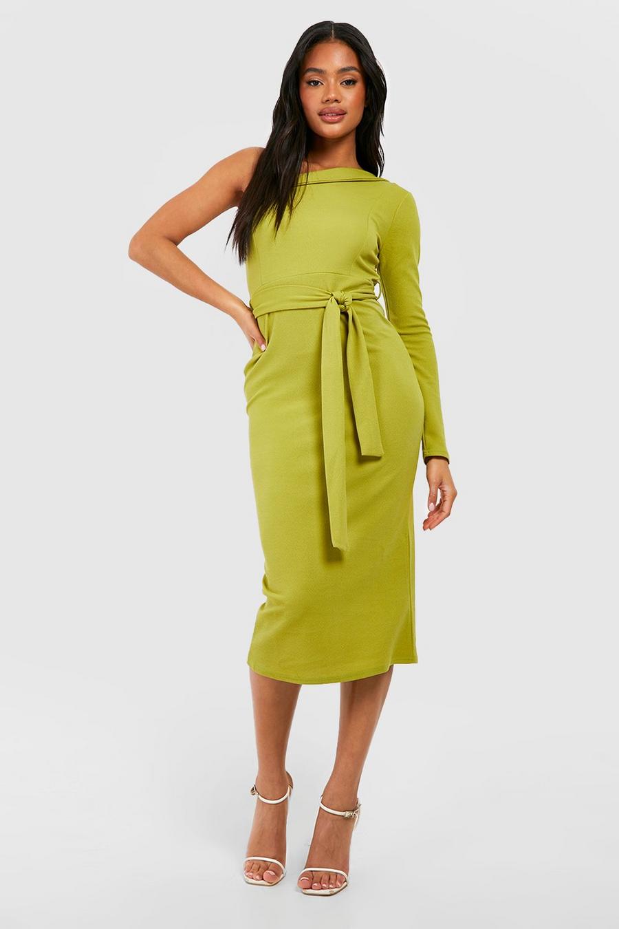 Olive Jersey Crepe One Shoulder Belted Midi Dress image number 1