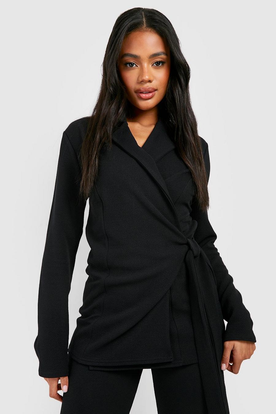 Black Jersey Crepe Tie Waist Fitted Blazer image number 1