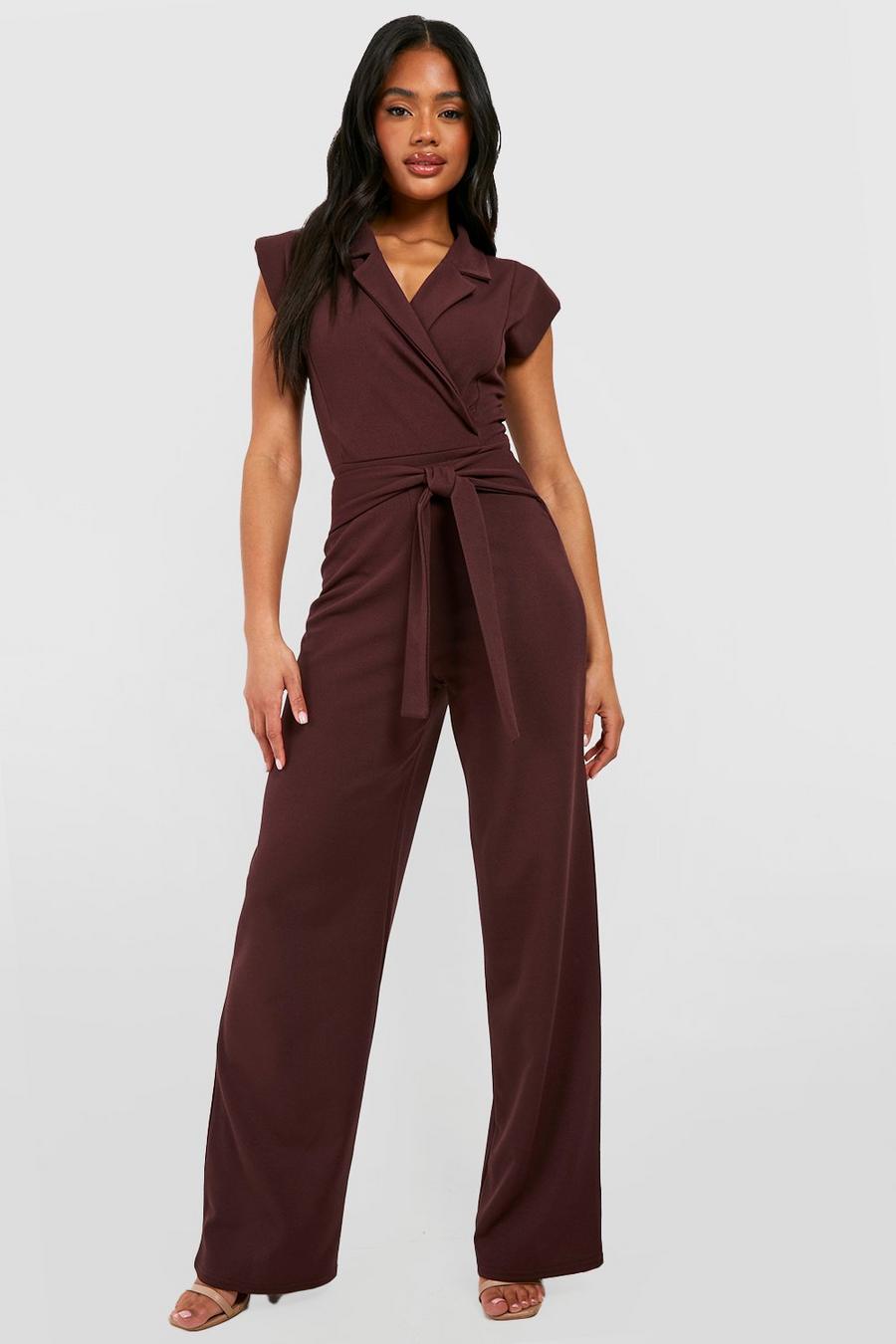 Chocolate brown Jersey Crepe Tie Waist Wide Leg Trousers 