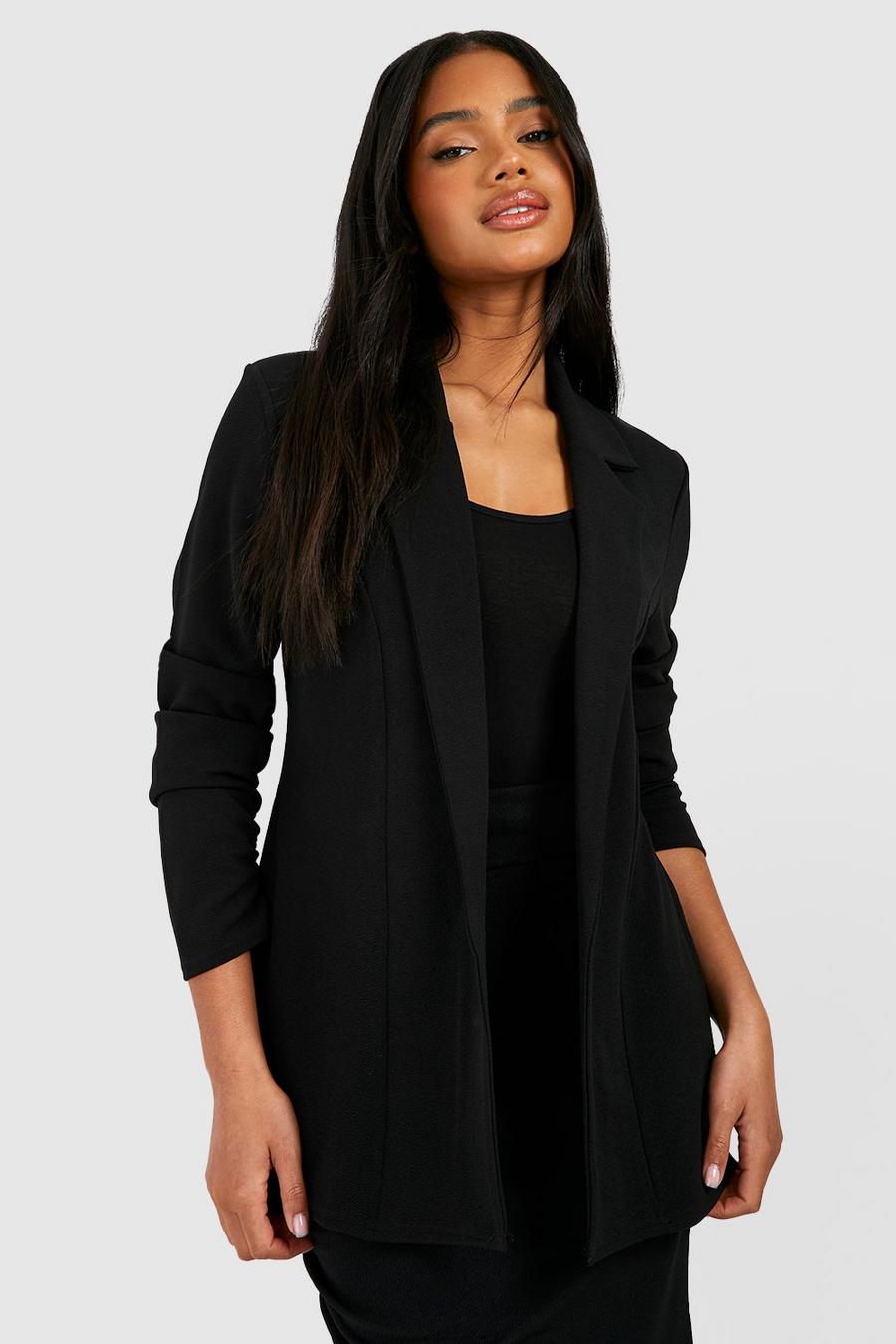Black Jersey Crepe Ruched Sleeve Relaxed Fit Blazer image number 1
