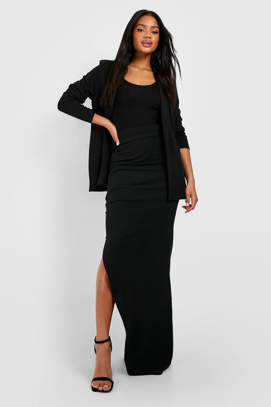 Black Jersey Crepe Thigh Split Ruched Maxi Skirt image number 1
