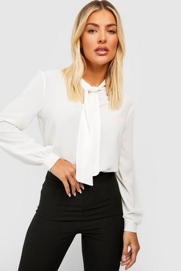 Pussy Bow Neck Woven Blouse cream