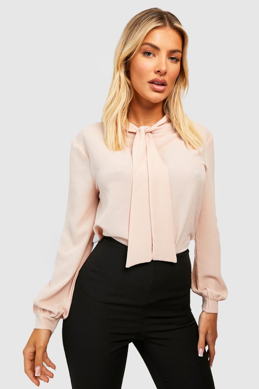 Nude Pussy Bow Neck Woven Blouse image number 1