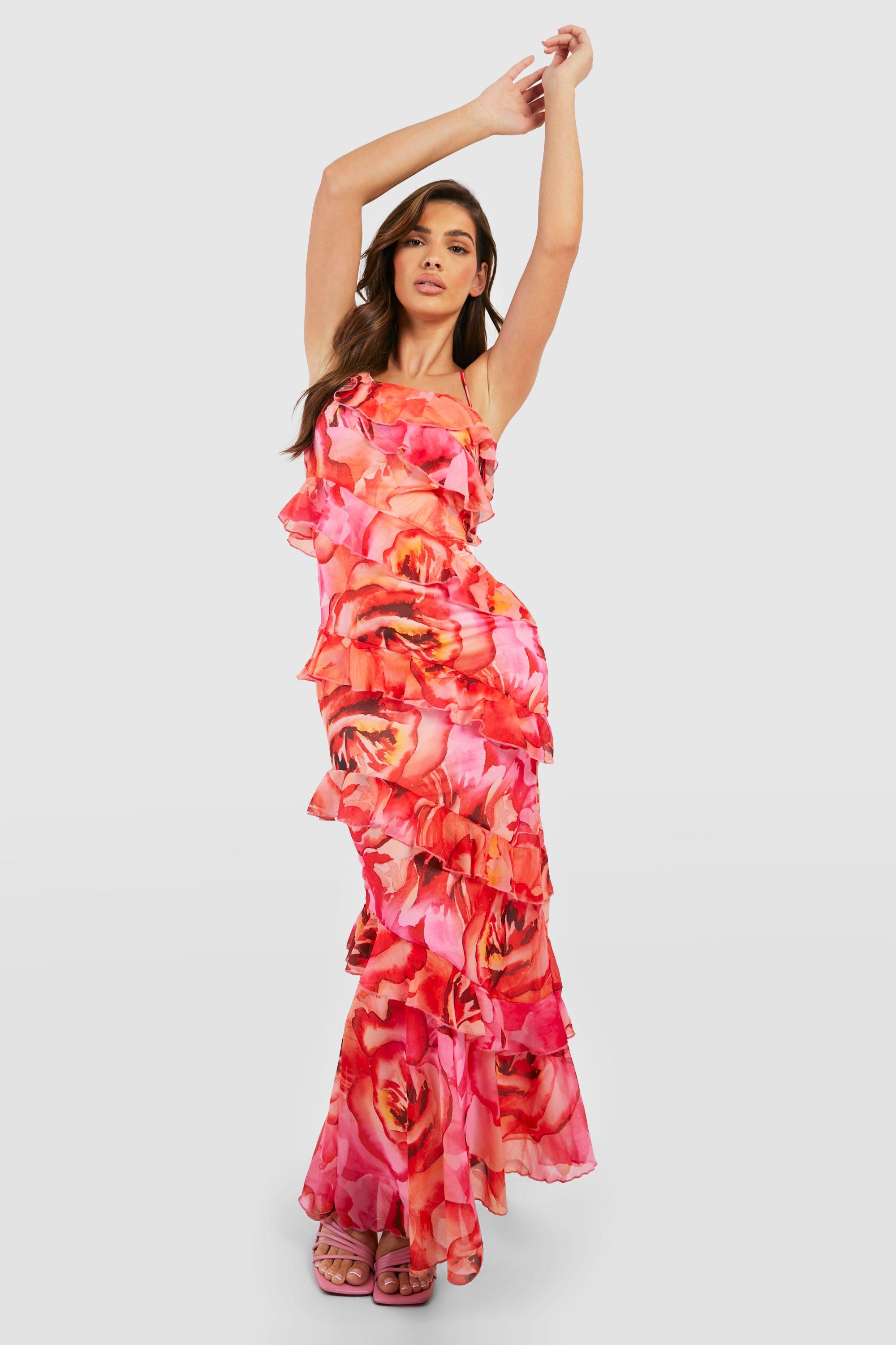 Floral Ruffle Chiffon Asymmetric Maxi Dress