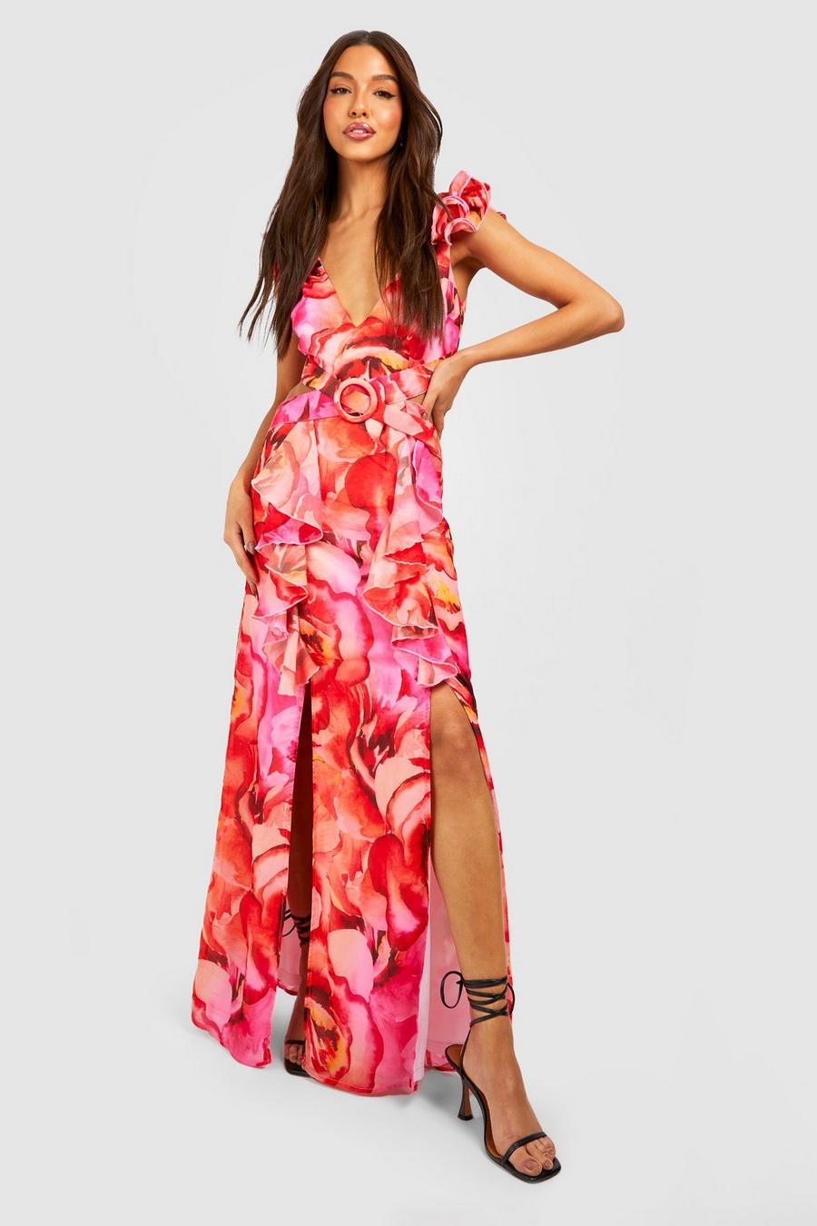 Vestito maxi in chiffon a fiori con cintura e arricciature, Hot pink image number 1
